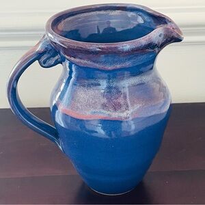 Perfect Handmade Studio Art Pottery Pitcher With Blue and Plum Drip Glaze